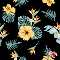 Summer pattern.design for print . flower and leaf on black background
