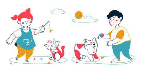 Kids with animals - colorful line design style illustration
