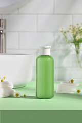 Mockup Cosmetics for skin. Cosmetic set on bathroom table in front of white ceramic tile. 