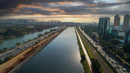 View of Marginal Pinheiros with the Pinheiros river and modern buildings in Sao Paulo, Brazil