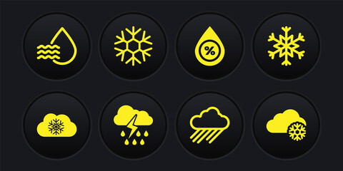 Set Cloud with snow, Snowflake, rain and lightning, Water drop percentage and icon. Vector