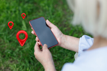 Tourist hiking woman hand visiting city holding smart phone with gps navigation app, adventure...