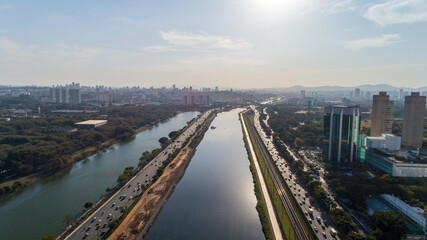 View of Marginal Pinheiros with the Pinheiros river and modern buildings in Sao Paulo, Brazil