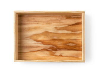 Wooden rectangular serving tray isolated on white background. Simple rustic eco-friendly tableware. Dishware of vintage retro style. Empty wooden dishes for food design.