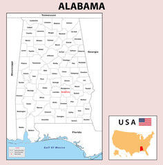 Alabama Map. State and district map of Alabama. Administrative and political map of Alabama with neighboring countries and border in white color.