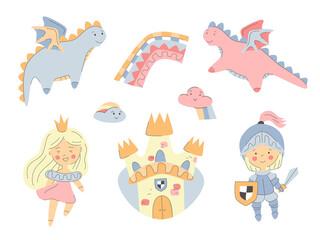 Set of cute fairy tale elements for kids party. birthday, textile, book desigh. Princess, castle, knight, cute dragons, rainbow and clouds, kawaii kids style