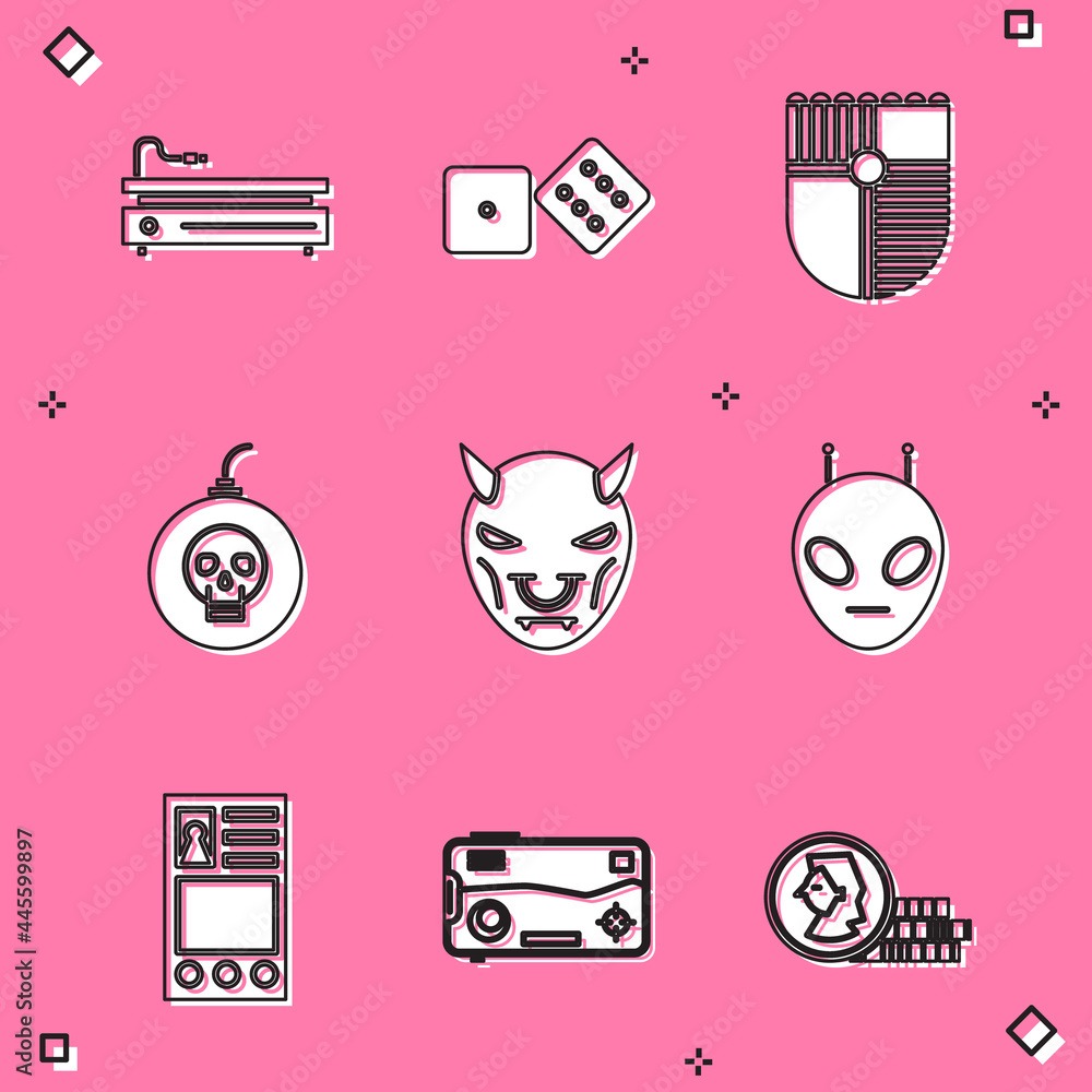 Poster set video game console, game dice, shield for, bomb ready to explode, mask of the devil with horns, 