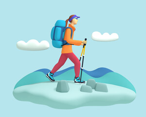 3d illustration of a girl with a backpack travels in the mountains. Hiking scene