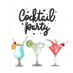 Vector engraved style alcoholic cocktails illustration set for posters, decoration, menu. Hand drawn drink or beverage sketch with lettering, Cocktail party. Detailed colorful drawing.