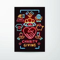 Charity Giving Neon Flyer. Vector Illustration of Donation Promotion.