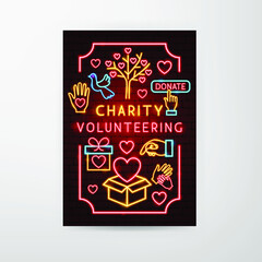 Charity Volunteering Neon Flyer. Vector Illustration of Donation Promotion.