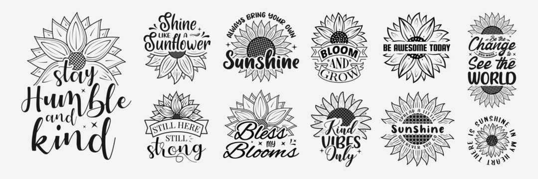 Set Of Vector With Inspirational Lettering With Sunflower, Hand Drawn Sunflower Quotes, Typography For T-shirt, Poster, Sticker And Card