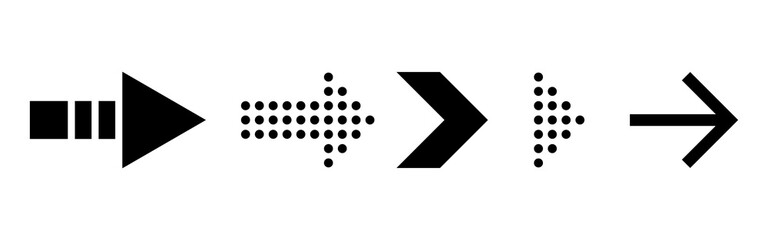 Arrows icons. Simple black arrow on white background. Pointer right direction. Click next template in flat style. Motion icon for web, app, presentation. Vector illustration