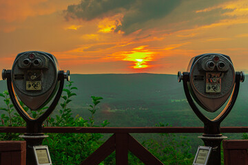 The view from the hairpin turn on the Mohawk Trail in North Adams MA.  during a sunset after storms - obrazy, fototapety, plakaty