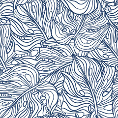Random blue contoured monstera leaves ornament seamless pattern. Nature botany simple print.