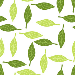 Foliage seamless pattern with green random leaf abstract ornament. Isolated greenery abstract style backdrop.