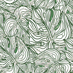 Seamless pattern with doodle outline monstera leaves ornament. White foliage palm elements. Nature print.