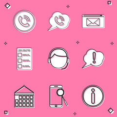 Set Phone call, Speech bubble with phone, Mail and e-mail, Create account screen mobile, Man headset, Exclamation, Calendar and Mobile diagnostics icon. Vector