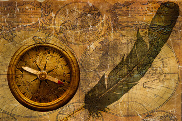 Fototapeta na wymiar old map, quill and compass