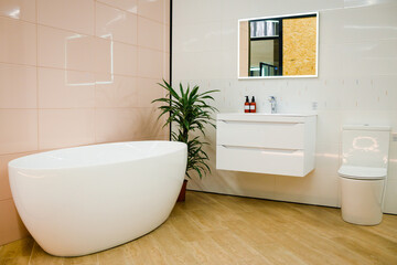 Naklejka na ściany i meble Bathroom interior. A modern bathroom for a family in an apartment or house. 
