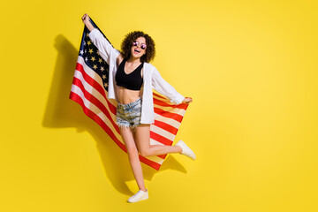 Full length body size photo of funky girl dancing with national usa flag smiling laughing isolated vivid color background copyspace
