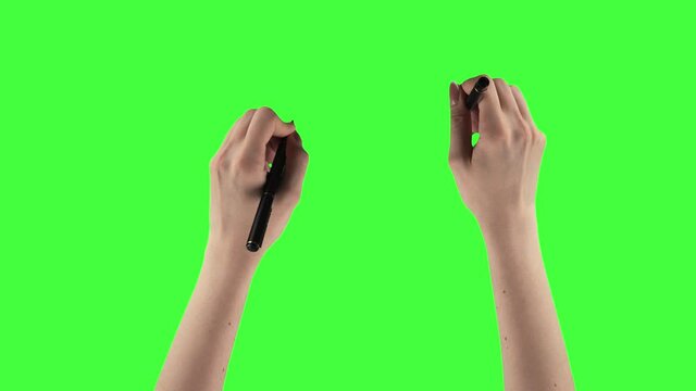 Pack of 24 gestures made by female hands which are writing by pen on a green screen background. Woman draws different signs like lines or question marks on a chroma key. Notes on touchscreen by stick.