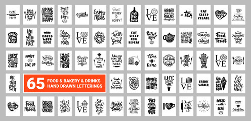 Bundle of food, eating, bakery, drinks, coffee lettering quotes for posters, decoration, prints, t-shirt design, social media. Hand drawn typography. Handwritten slogans. Modern brush calligraphy.