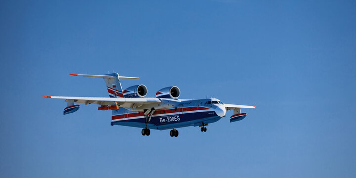 Multipurpose amphibious aircraft Beriev Be-200 Altair at the International Aviation and Space Salon MAKS 2019, Demonstration flight and Water discharge. ZHUKOVSKY, RUSSIA, AUGUST 28, 2019