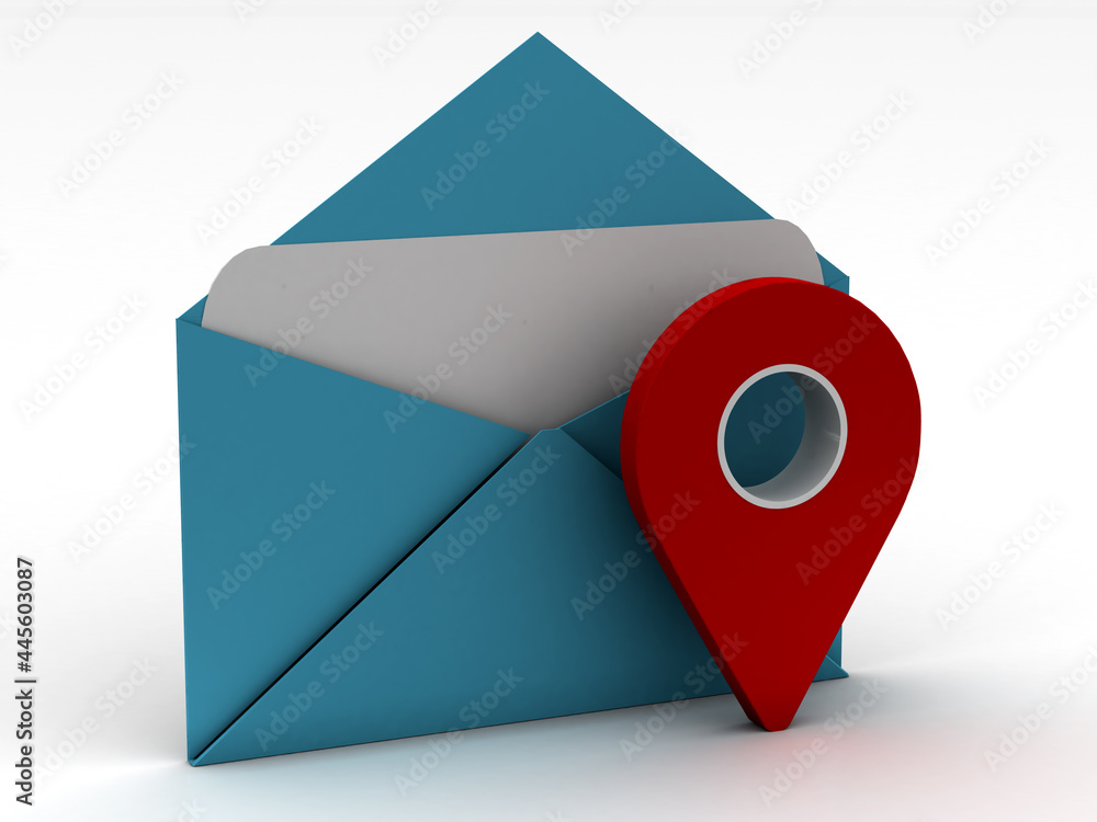 Poster red map pointer with post office icon, 3d rendering