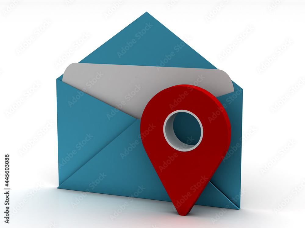 Poster red map pointer with post office icon, 3d rendering