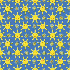 Cute vector smiling laughing kawaii sun and flowers seamless pattern background. Cartoon yellow weather and floral icons yellow blue backrop. Fun repeat for travel, kids fashion, baby shower, summer