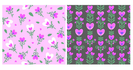 Set with two seamless floral patterns. Pink and grey background with branches and flower hearts. 