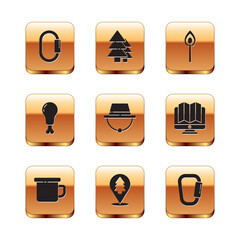 Set Carabiner, Camping metal mug, Location of the forest, hat, Chicken leg, Burning match with fire, and Tree icon. Vector