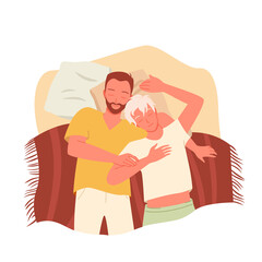 Gay couple people sleep together at night vector illustration. Cartoon happy homosexual lover characters wearing pajamas, sleeping on pillows in bed, home bedroom top view isolated on white