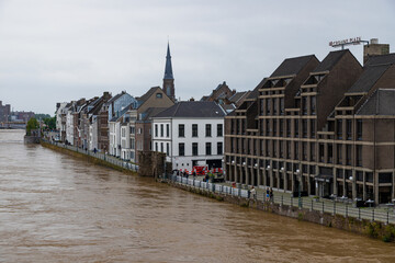 Maastricht, Netherlands 07-15-2021 floods in downtown Maastricht and the historical centre after heavy rainfall with over 150mm of rain in less than 24 hours with many houses flooded next to the Meuse