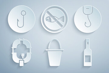 Set Fishing bucket, hook, Inflatable boat, Bottle of vodka, No fishing and icon. Vector