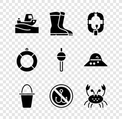 Set Fishing boat on water, boots, Inflatable, bucket, No fishing, Crab, Lifebuoy and float icon. Vector