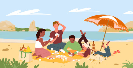 Obraz na płótnie Canvas Friends people on beach picnic in summer sea shore landscape vector illustration. Cartoon characters playing card game, lying on blanket under beach umbrella with pet dog, seashore scenery background