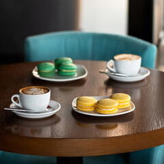 Two cups of coffee cappuccino and macaroons almond cookies at wooden table against of blurred background. French dessert. Copy space. Soft focus.