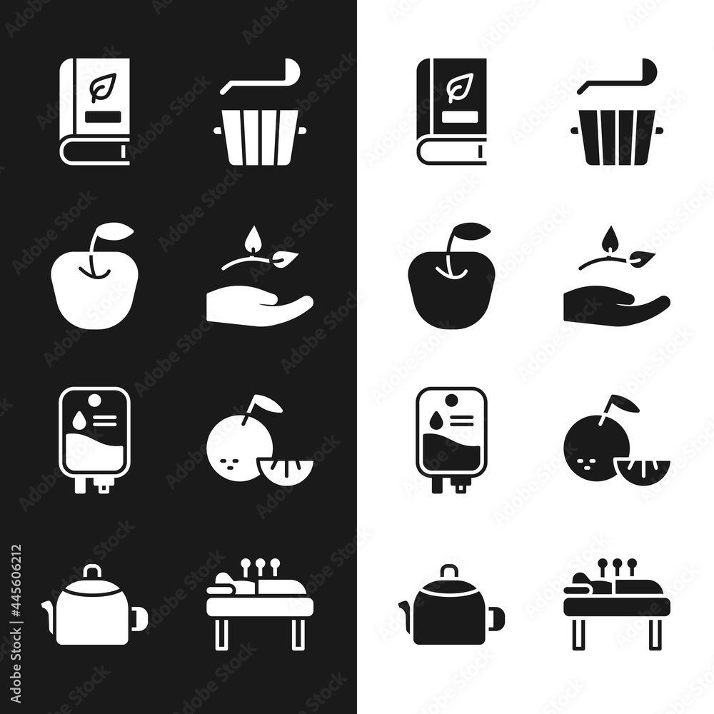 Wall mural Set Leaf in hand, Apple, Medical book, Sauna bucket ladle, IV bag, Citrus fruit, Acupuncture therapy and Kettle with handle icon. Vector