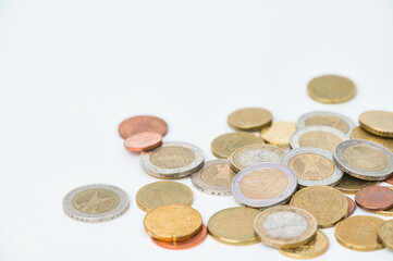 Euro coins and cents against white background with copy space for any text