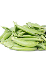 A pile of Sugar Snaps on a white table isolated