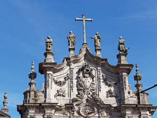 The beautiful artistic facade of Carmo Church in old city of Porto, Portugal which was built in the 17th century.