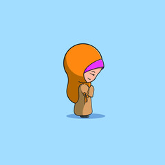 Girl praying for thanksgiving greeting vector icon illustration has seen from the side using hijab