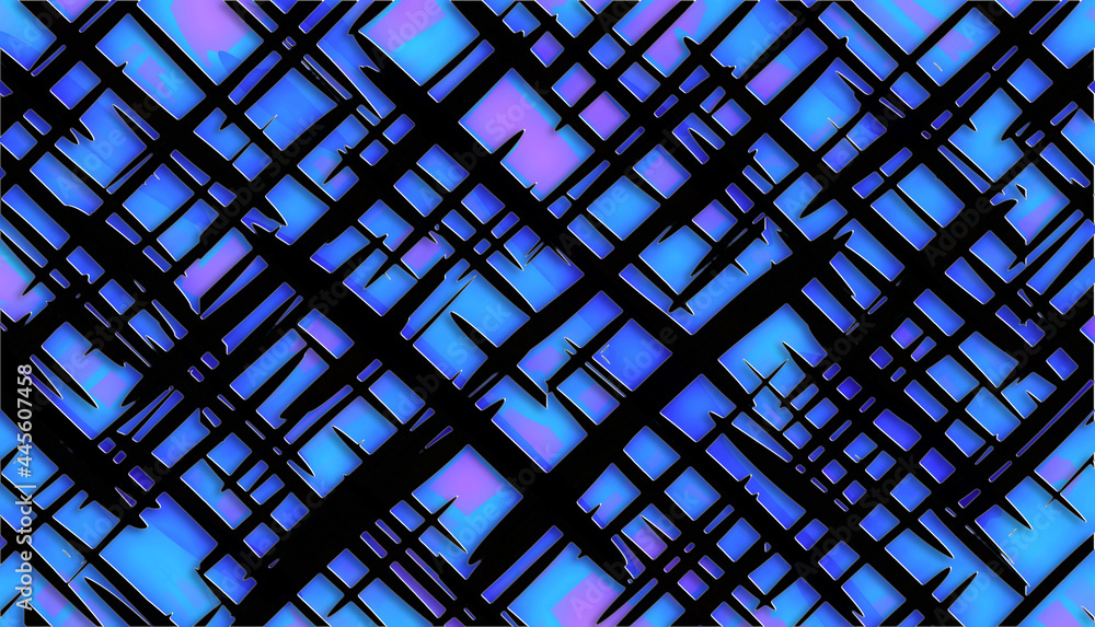 Poster abstract 3d pattern of intersecting diagonal black paint strokes on a blue and pink background