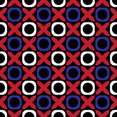 Tricolour circle and cross mark on a black background, Abstract vector backgrounds, Seamless pattern background.