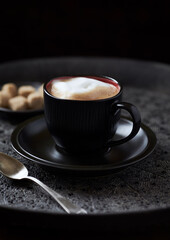 Coffee with milk on dark background. Close up.	