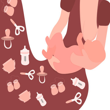 young woman is breastfeeding, a baby is drinking breast milk in her arms. A woman in a dress from a set for a baby, scissors, diapers, anti-scratches, a bottle and a pacifier. Flat vector illustration