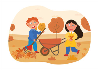 Children do housework concept. A girl and a boy are raking autumn leaves into a cart. Little helpers do cleaning in the garden. Cartoon modern flat vector illustration isolated on a white background