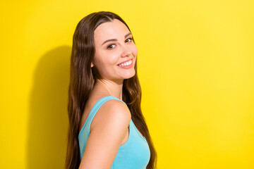 Profile photo of flirty brunette hairdo young lady wear teal top isolated on vivid yellow color background